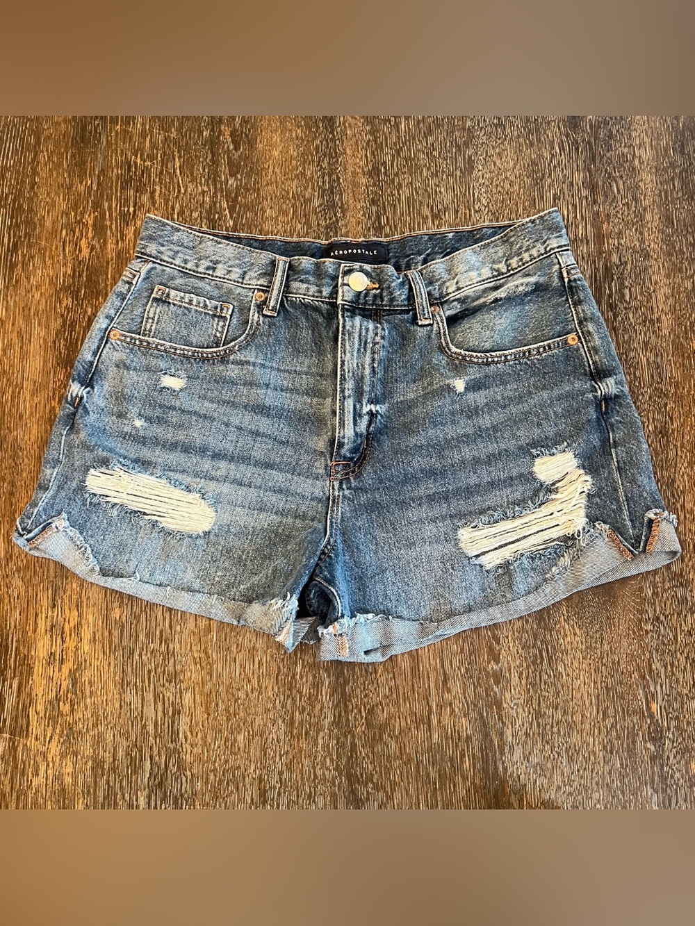 Aeropostale Distressed Medium Wash Denim Jean Mom Shorts Size 14
